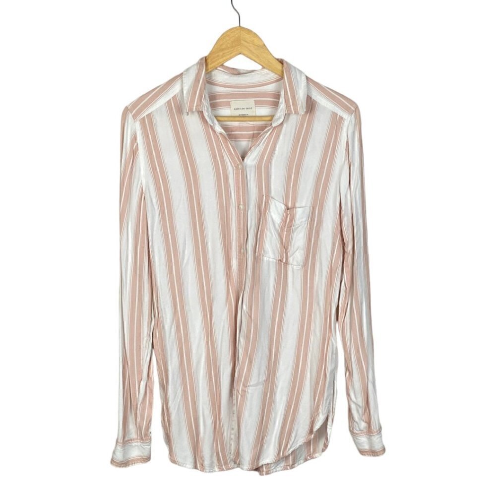 AMERICAN Eagle Womens Boyfriend Fit Neutral Striped Button Down Shirt Size Small